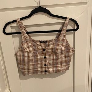 SHEIN Brown Plaid Button-Up Crop Top
